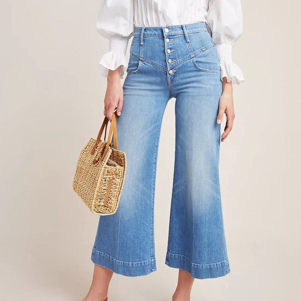Mother The Swooner Roller Yoke Crop in Post No Bills Size 28 Wide Leg Button Fly